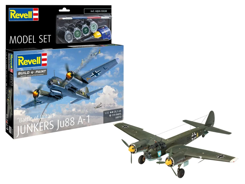 Revell Model Set 64972 Junkers Ju88 A-1 "Battle of Britain 1:72 Scale Unbuilt/Unpainted Plastic Model Kit with Accessories