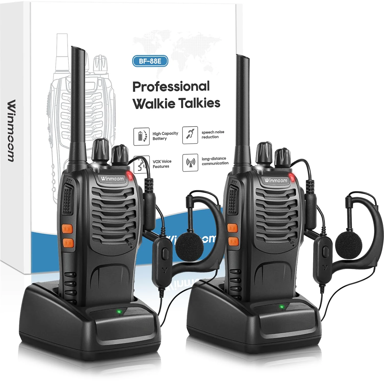 Winmoom Long Range Walkie Talkies,16-Channel USB Rechargeable Walkie Talkies for Adults & Kids, 2-Way Radio Kit with LED Light, Earpieces and Charger (2 Pack)