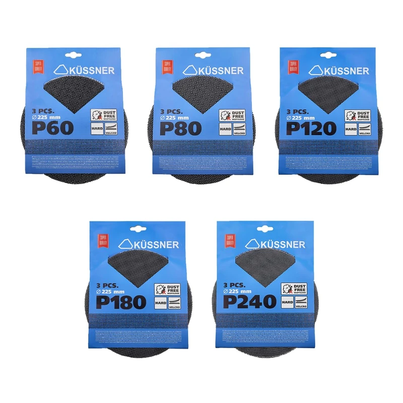 Set of 15 pieces sanding net, diameter 225 mm, 60, 80, 120, 180, 240