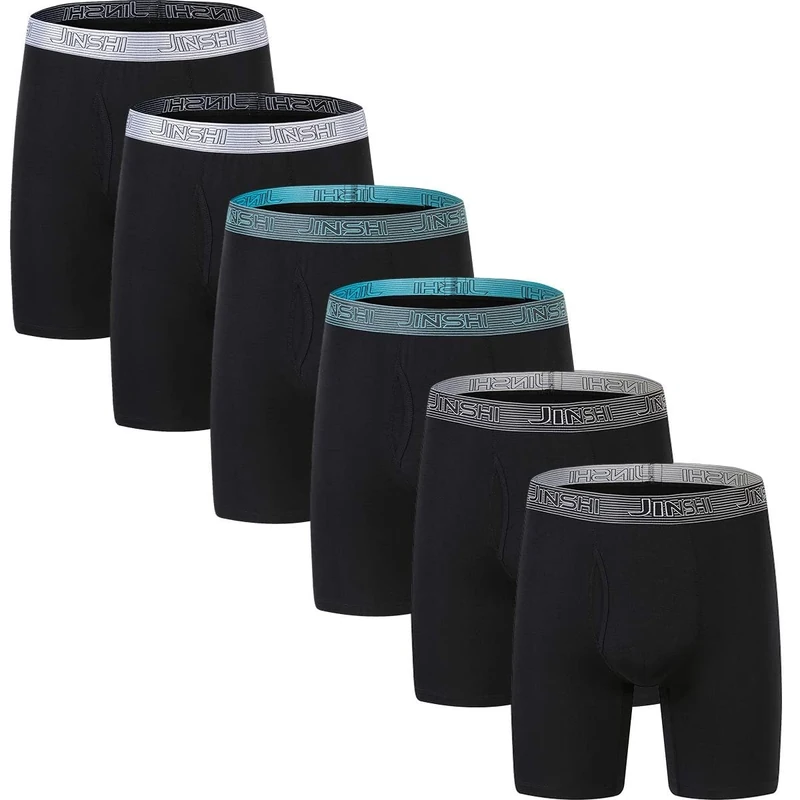JINSHI Mens Bamboo Underwear Boxer Briefs Long Boxer Shorts Soft Breathable Sports Underwear Boxers Trunks Black 6-Pack Size L
