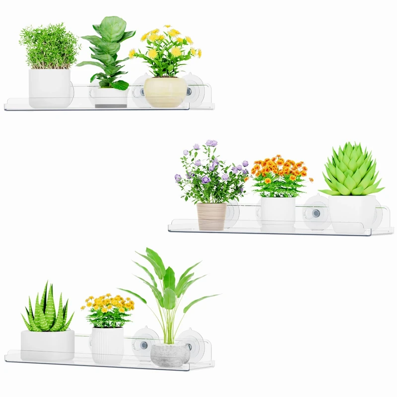 Lifewit Window Plant Floating Shelves 14.6 inch, 3 Pack Acrylic Suction Cup Shelf, Window Sill Extender for Indoor Succulent Plants, Micro Greens, Seed Starter Pots, Herb Planters 37 x 9 cm/14.6x3.6 - Image 1