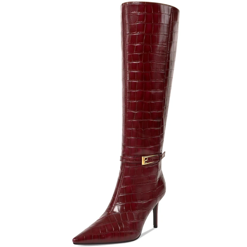 Comjuy Knee High Boots Women 3 IN Stiletto Heel Pointed Toe Tall Boots for Women High Heel Side Zipper Long Boots, Burgundy, 6 UK