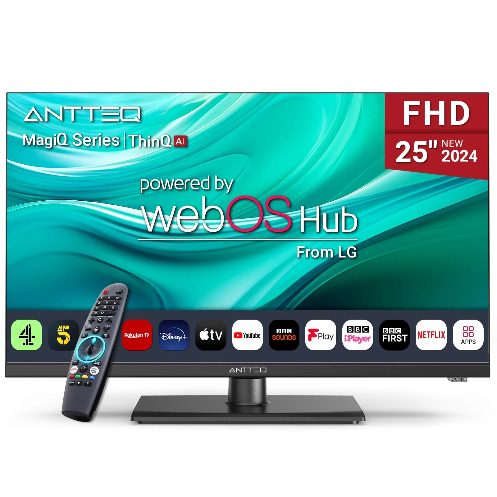Antteq 25 Inch Smart TV, WebOS FHD TV MagiQ 25" with ThinQ AI Voice Magic Remote, BBC Freeview Netflix YouTube Airplay WiFi 2024 Black Televisions