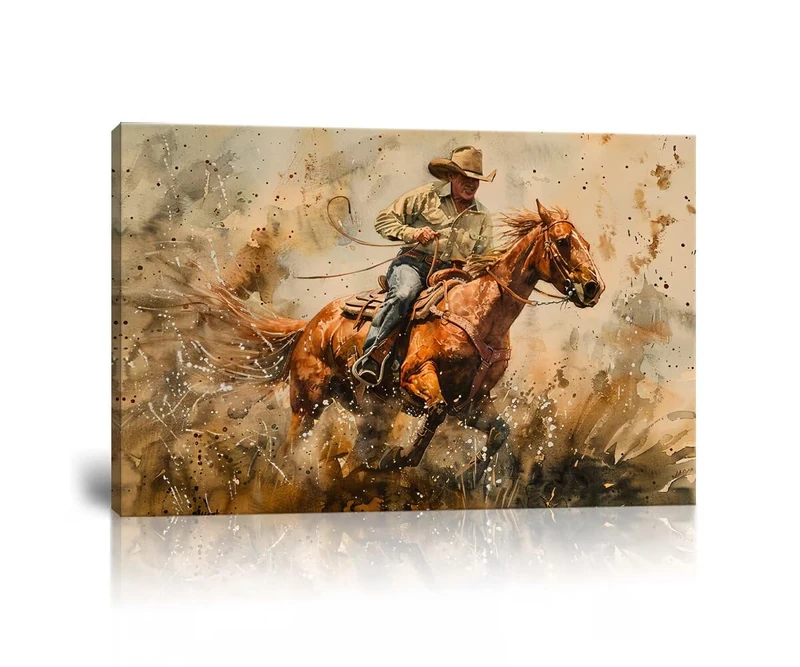Western Cowboy Wall Art Pictures Cowboys on Horseback Horses on Dusty Ranch Western Poster Canvas Prints Vintage Cowboy Artwork Wall Decor for Office Home Decorations Framed (24''H x 36''W)