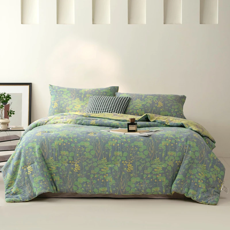 Purefair 100% Cotton Muslin Jacquard Comforter Set, Botanical Floral Plants Print, Soft Lightweight Reversible 3 Piece Bedding Sets for All Season, Green Yellow, Full/Queen(90"x90")