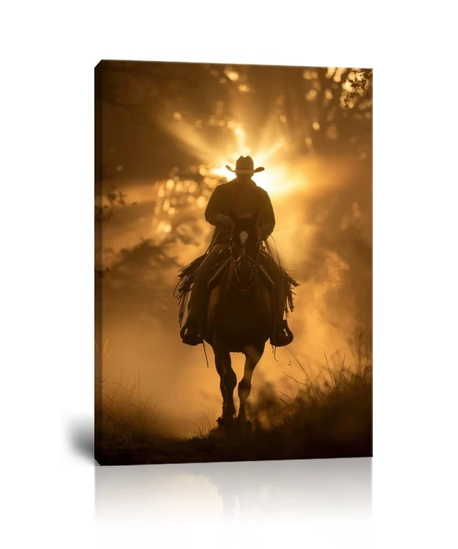 Western Cowboy Wall Art Pictures Cowboys in Desert Sunset Retro Poster Canvas Prints American Western Cowboy Artwork Wall Decor for Living Room Office Home Decorations Framed (24''H x 36''W)