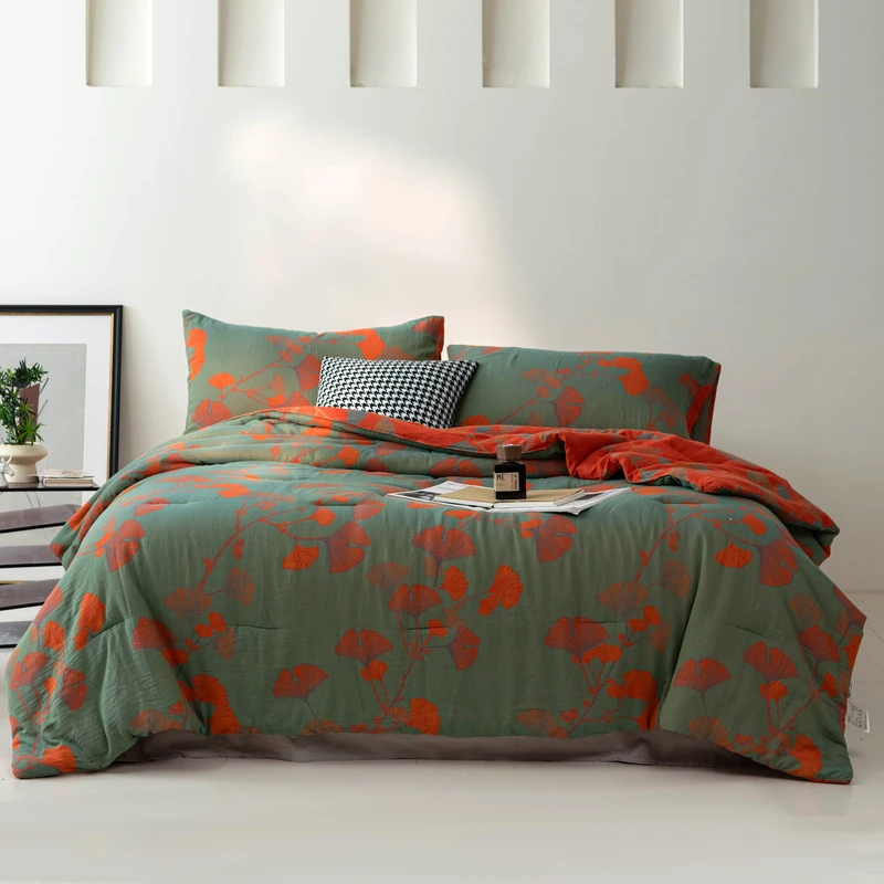 Purefair 100% Cotton Muslin Jacquard Comforter Set, Floral Ginkgo Leaves Print, Soft Lightweight Reversible 3 Piece Bedding Sets for All Season, Green Orange, King(104"x90")