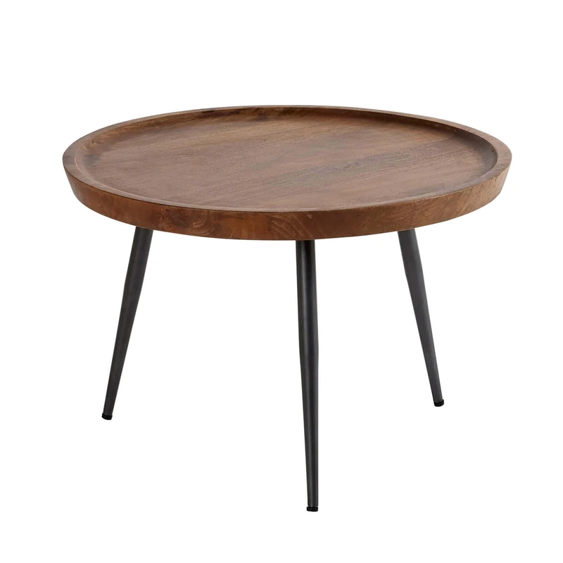 Home Source Mango Wood Round Coffee Table, Grey Iron Legs, Walnut Finish, 60cm