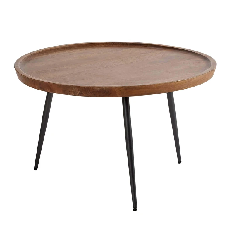Home Source Mango Wood Round Coffee Table, Grey Iron Legs, Walnut Finish, 75cm