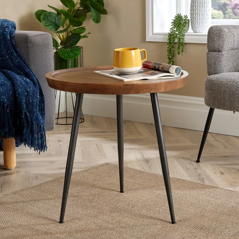 Home Source Mango Wood Round Coffee Table, Grey Iron Legs, Walnut Finish, 55cm