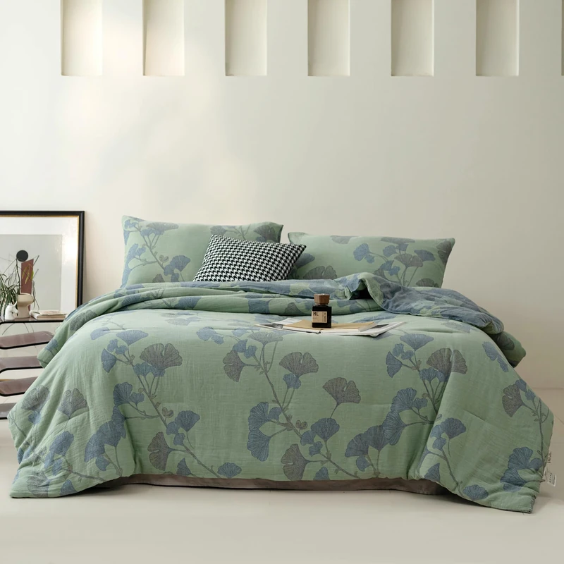 Purefair 100% Cotton Muslin Jacquard Comforter Set, Floral Ginkgo Leaves Print, Soft Lightweight Reversible 3 Piece Bedding Sets for All Season, Green Blue, King(104"x90")