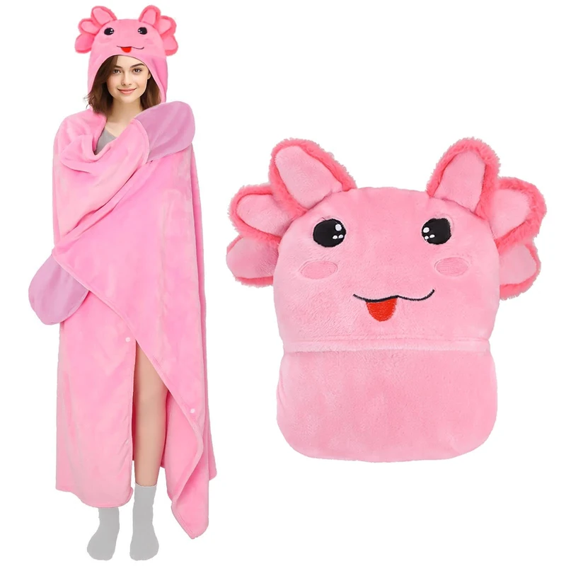MSISILY Wearable Hooded Blanket for Women, Soft Snuggle Wrap Cape Throw, Fleece & Sherpa Hoodie, Pink Salamander, 160x130cm