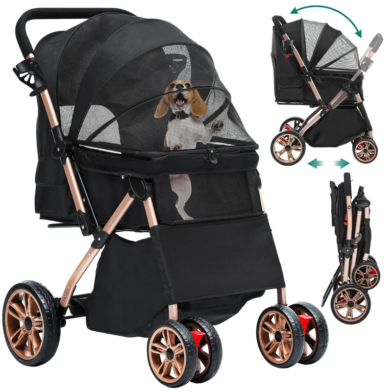 YITAHOME Foldable Dog Stroller for Small Middle Dogs, Pet Buggy with Reversible Handle, Mesh Windows, Cup Holder, 360° Rotating EVA Wheels with Brakes (Black)