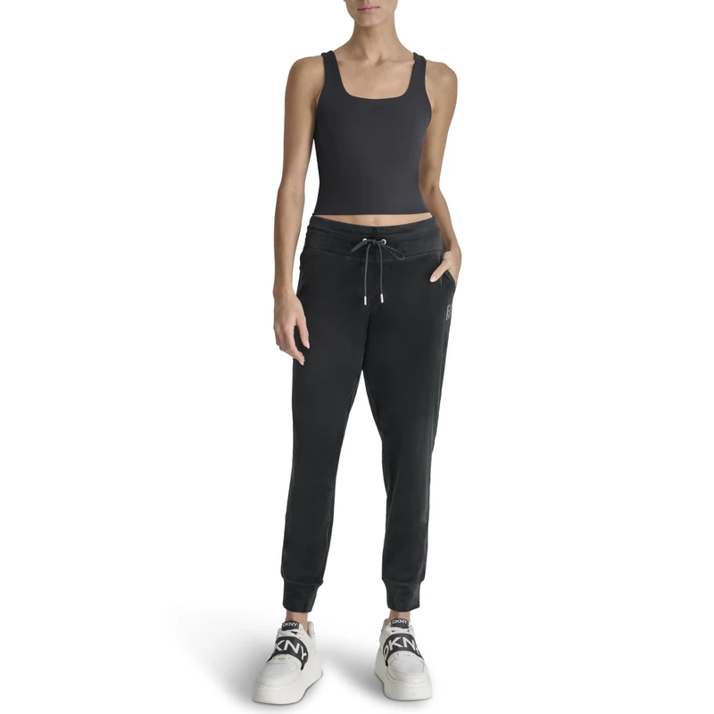 DKNY Women's Rhstn Logo Jogger, Black, Medium, Black, M