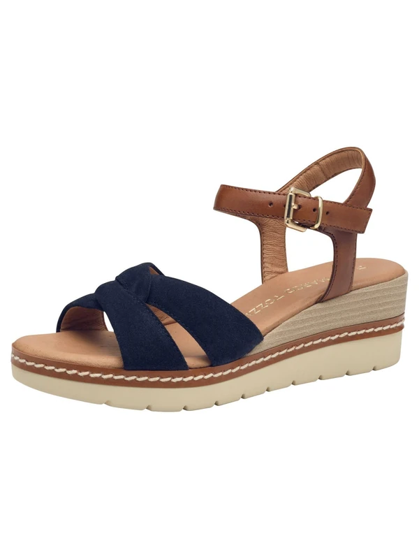 MARCO TOZZI Women's Summer Leather Wedge Sandals, Navy Comb, 6 UK
