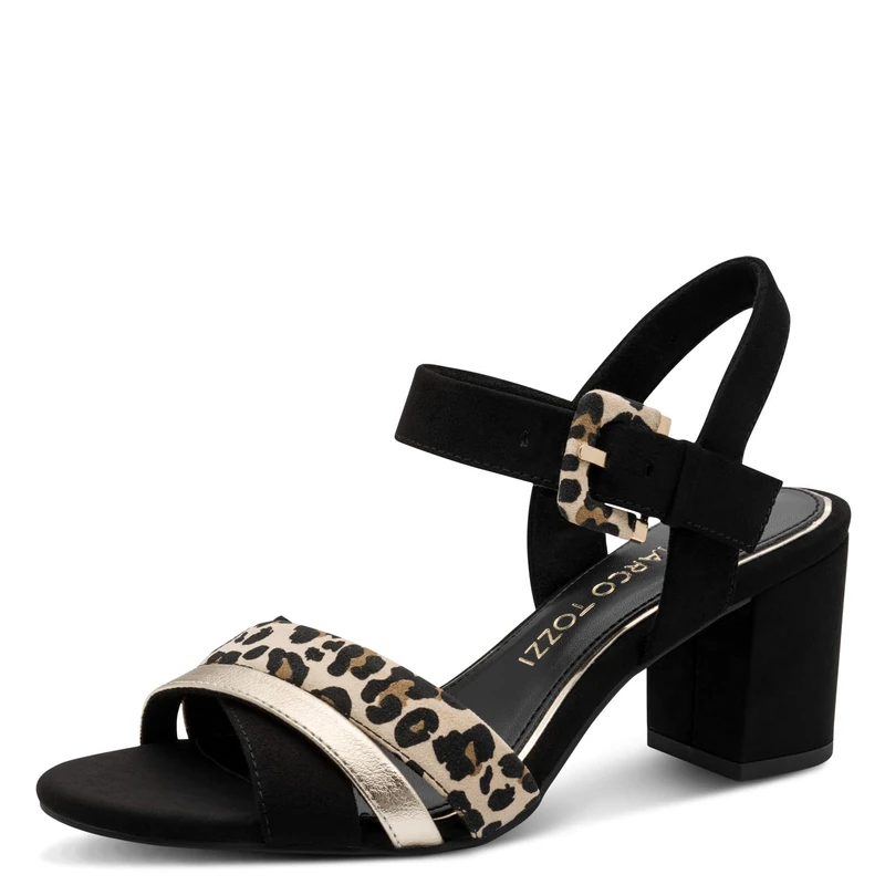 MARCO TOZZI Women's Sandal Soft Feel Me Footbed Vegan Soft Lining Chic, Black (Black/Leo), 4.5 UK