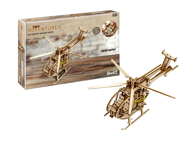 Revell 00611 - Tiny Adventures - Helicopter - 1:30 Scale Wooden Model Kit - with Pull Back & Go Engine - Rotor Width 30cm - Image 1