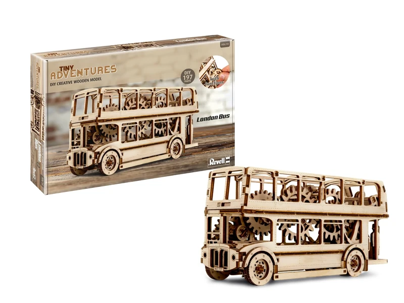 Revell 00618 - Tiny Adventures - London Bus - 1:40 Scale Wooden Model Kit - with Pull Back & Go Engine & Starting Key - Length 23.2cm