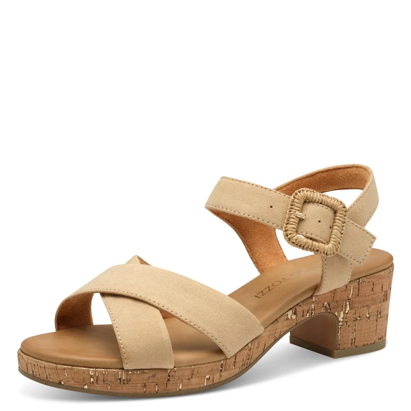 MARCO TOZZI Women's Round Toe Heel Sandals with Clasp, Biscuit, 8.5 UK