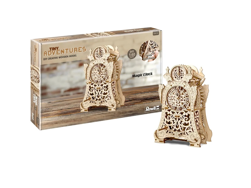 Revell 00616 - Tiny Adventures - Magic Clock - Wooden Model Kit - with Rubber Band Mechanism & Winding Key - Height 21.8cm - Image 1