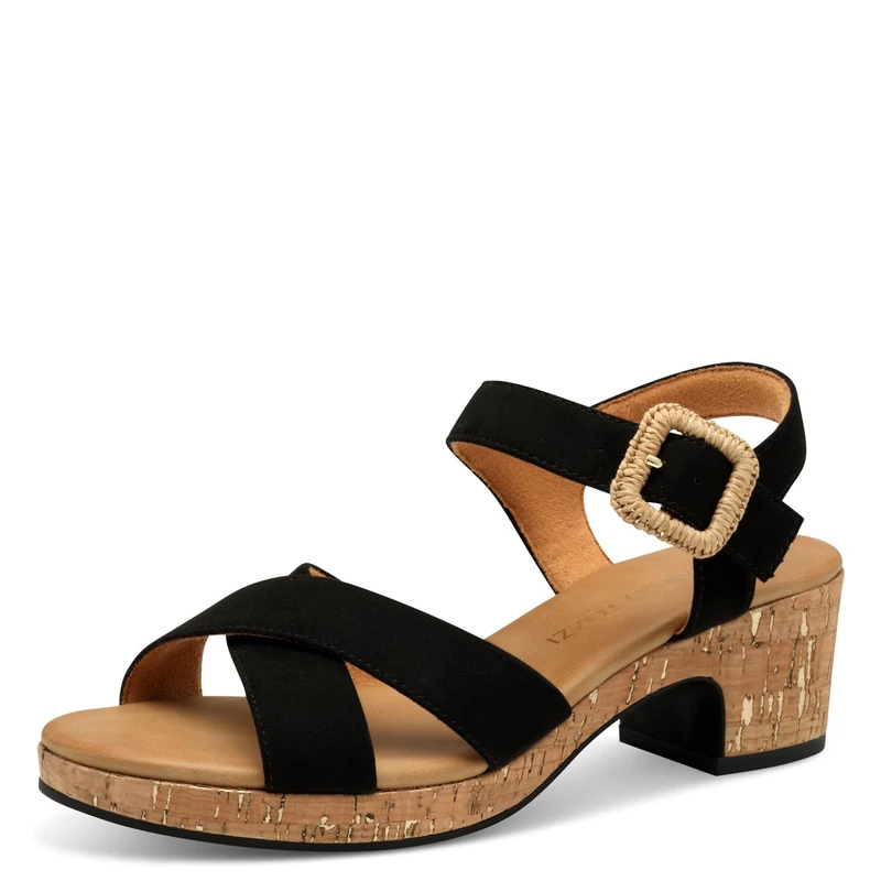 MARCO TOZZI Women's Round Toe Heel Sandals with Clasp, Black, 5 UK