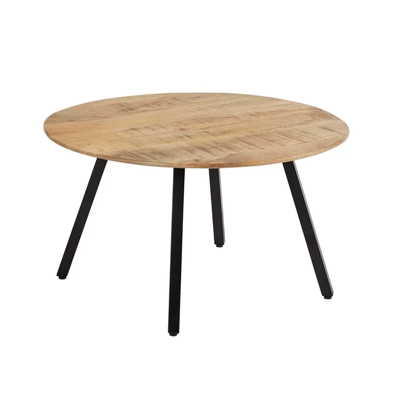 Home Source Living Room Mango Wood Round Coffee Table, Black Iron Legs, Natural Top, 70cm