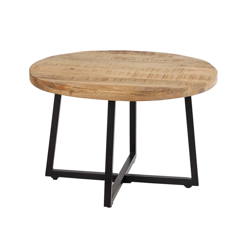Home Source Mango Wood Round Coffee Table, Black Metal Legs, 70cm - Image 1
