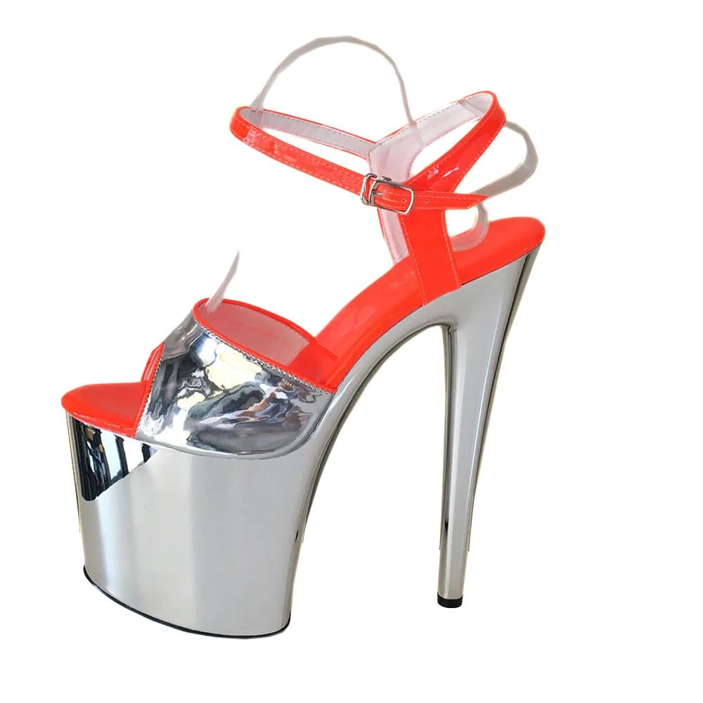 denova's Womens Clear High Heel Plus Size Platform Bar Dance Ankle Strap Stiletto Sandals, Orange Silver 6, 4 UK