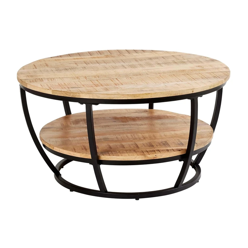 Home Source Mango Wood Round Coffee Table, Black Metal Frame, 86cm