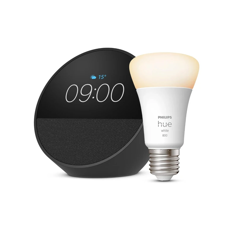 Echo Spot | Black + Philips Hue White A60 Smart LED Light Bulb (E27), Works with Alexa - Smart Home Starter Kit
