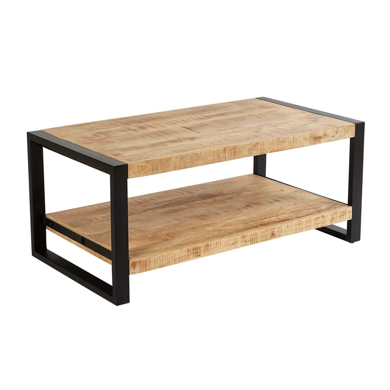 Home Source Mango Wood Coffee Table with Shelf, Black Metal Frame, 108cm
