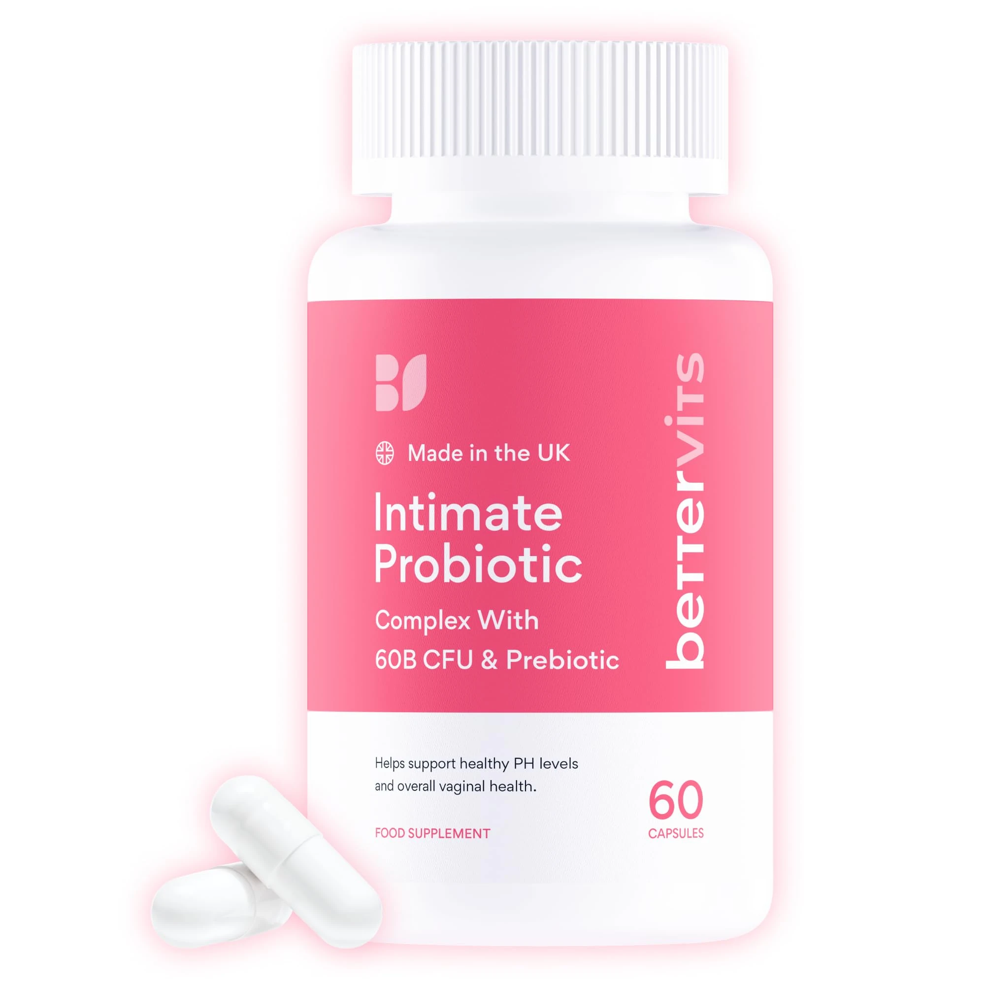 Bettervits Intimate Probiotics for Women & Bacterial Vaginosis Care | Vaginal Probiotics for Intimate Flora with Ashwagandha, Vitamin C, D3 Complex - Supports Gut Health & PH Balance - 60 Capsules