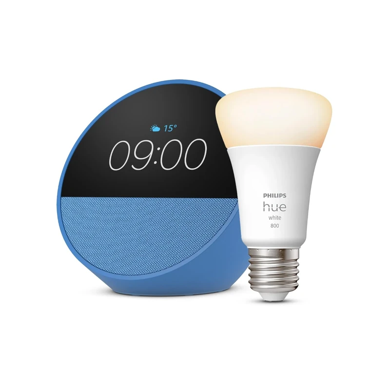 Echo Spot | Ocean Blue + Philips Hue White A60 Smart LED Light Bulb (E27), Works with Alexa - Smart Home Starter Kit
