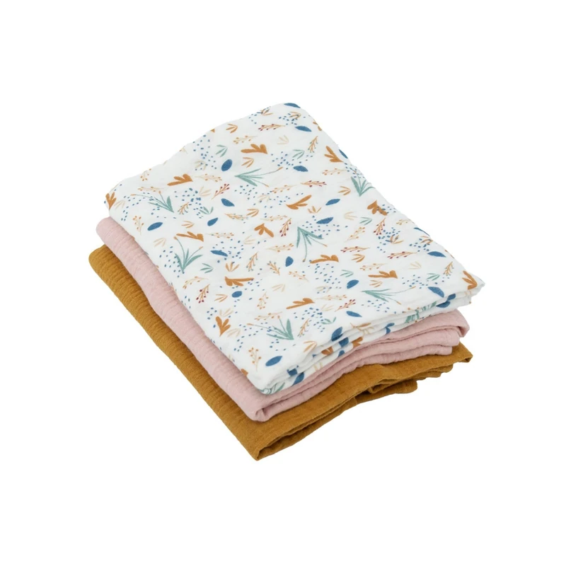 Domiva - Set of 3 cotton gauze cloths: 1 print + 2 plain pink caramel 60 x 60 cm, 1 print + 2 plain pink caramel