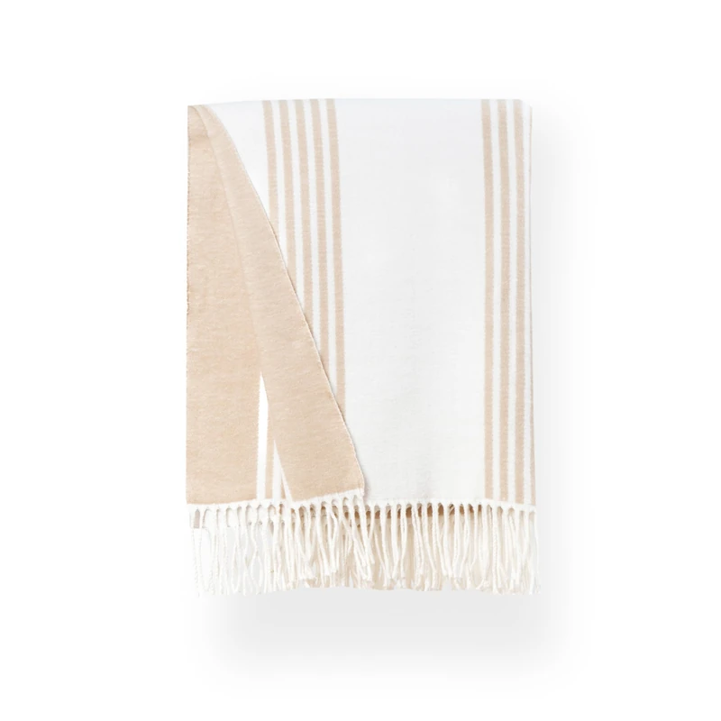 Hofdeco Premium Coastal Decorative Throw Blanket for Patio Couch Sofa, Neutral Tan Vertical Stripes with Fringe, 52"x71"