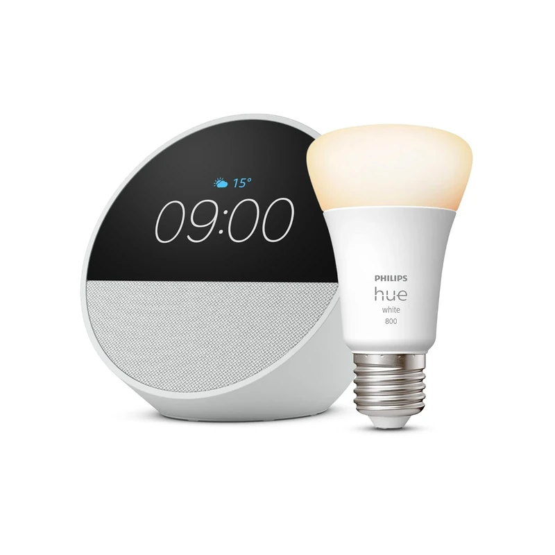 Echo Spot | Glacier White + Philips Hue White A60 Smart LED Light Bulb (E27), Works with Alexa - Smart Home Starter Kit