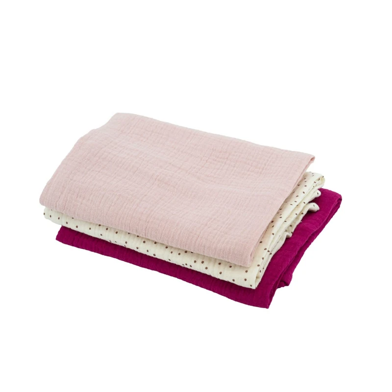 Domiva - Set of 3 cotton gauze cloths: 1 print + 2 plain pink Granadine 60 x 60 cm, 1 print + 2 plain pink Granadine