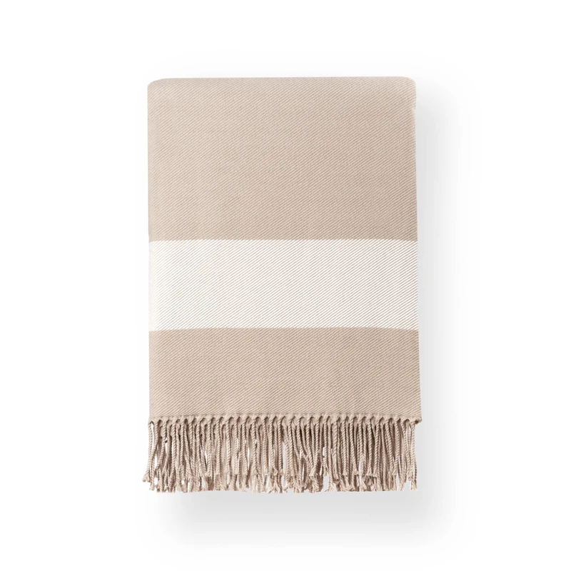 Hofdeco Premium Coastal Decorative Throw Blanket for Patio Couch Sofa, Neutral Tan Plaid with Fringe, 51"x71"