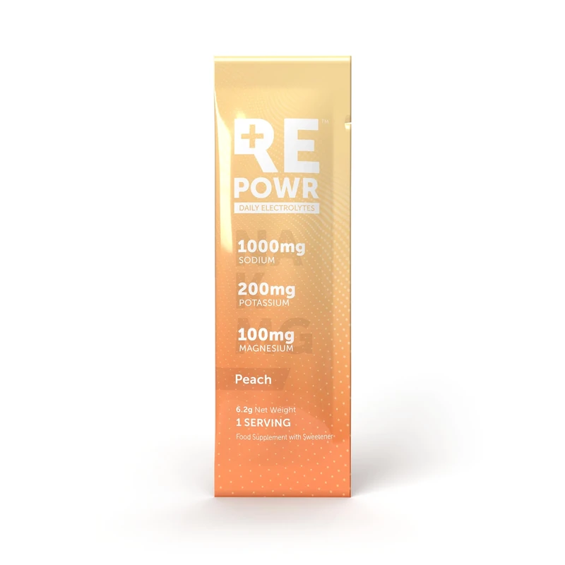 REPOWR Peach 30's - Clean Electrolytes Sachets Made with Natural Desert Salt | 1000mg Sodium. 200mg Potassium. 100mg Magnesium | Sugar Free. No Calories | Vegan, Keto and Fasting Friendly