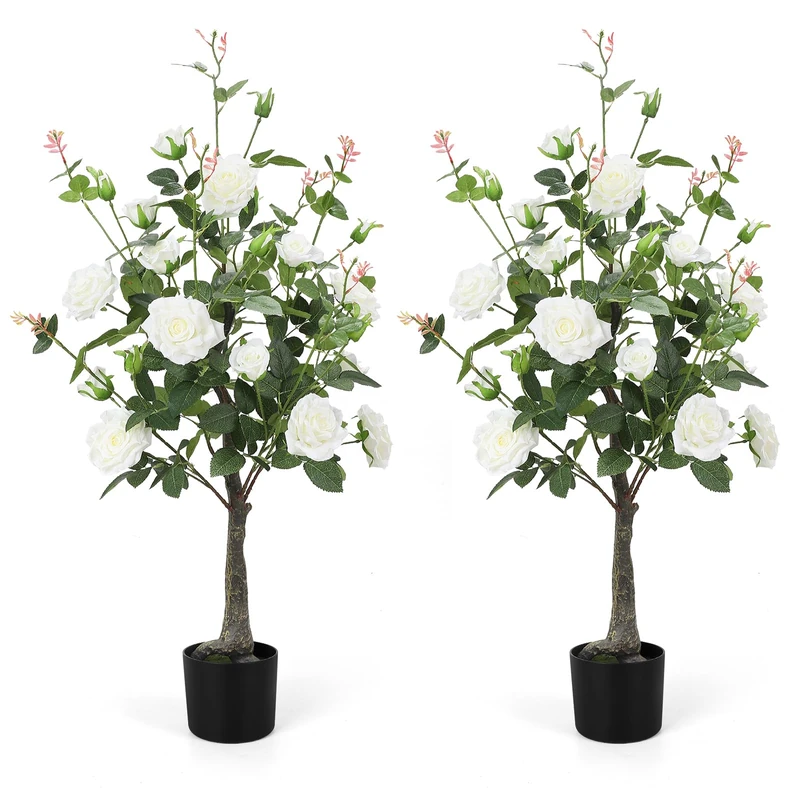 Romantic season 2Pack Artificial Rose Flower Trees, 42Inch White Faux Rose Tree with Green Leaves for Living Room Office Home Outdoor Indoor Decor