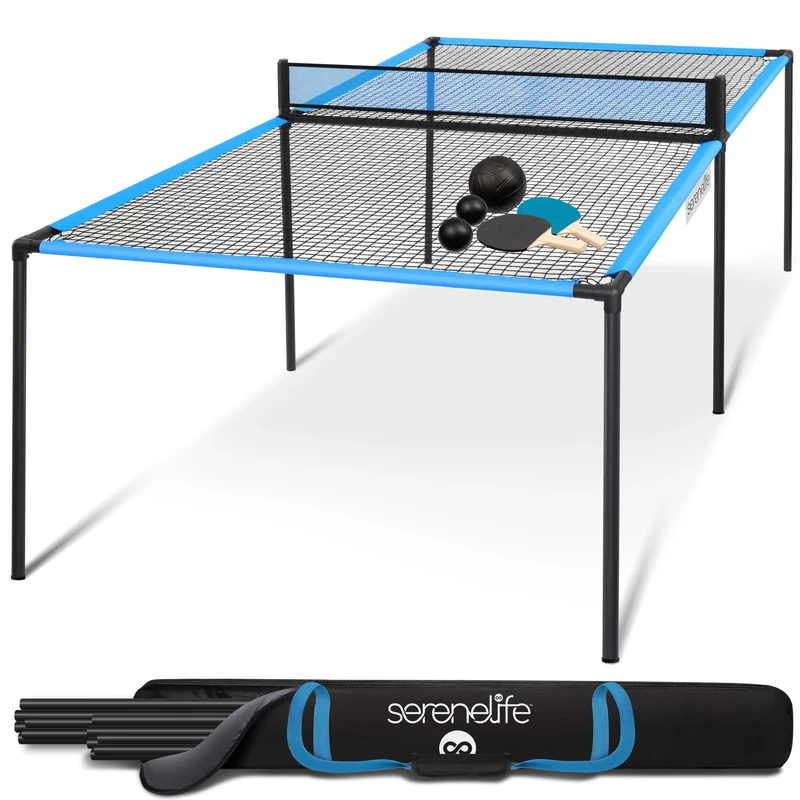 SereneLife Trampoline Ping Pong Table, Heavy Duty Powder Coated Steel Frame and Connectors, Full Size 239cm Hand Pong Game Table with Paddles, Small and Large Balls, Indoor Outdoor Beach Game Room