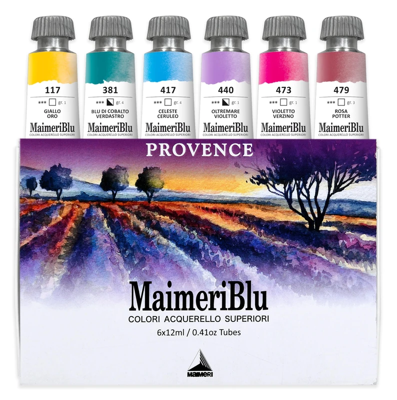 Maimeri BLU, Fine Art Watercolors, Set Provence, Cardboard Box, Assorted Colours, 6 Units 12 ml, Multicoloured, 12 ml