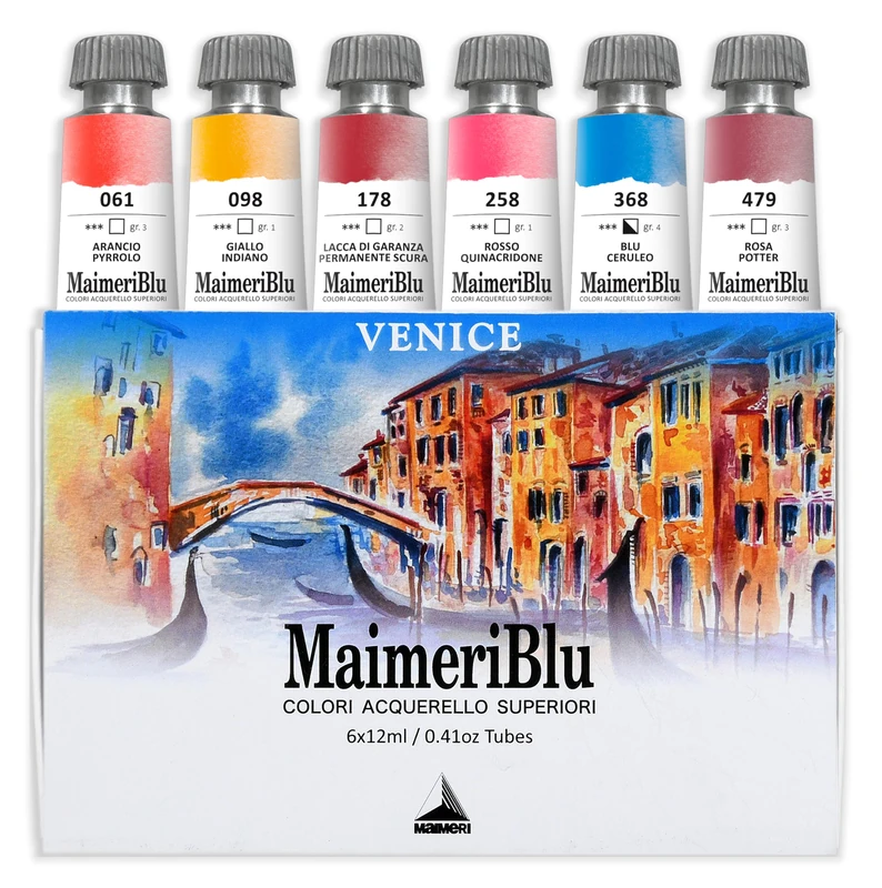 Maimeri BLU, Fine Art Watercolors, Venice Set, Cardboard Box, Assorted Colours, 6 Units 12 ml, Multicoloured, 12 ml