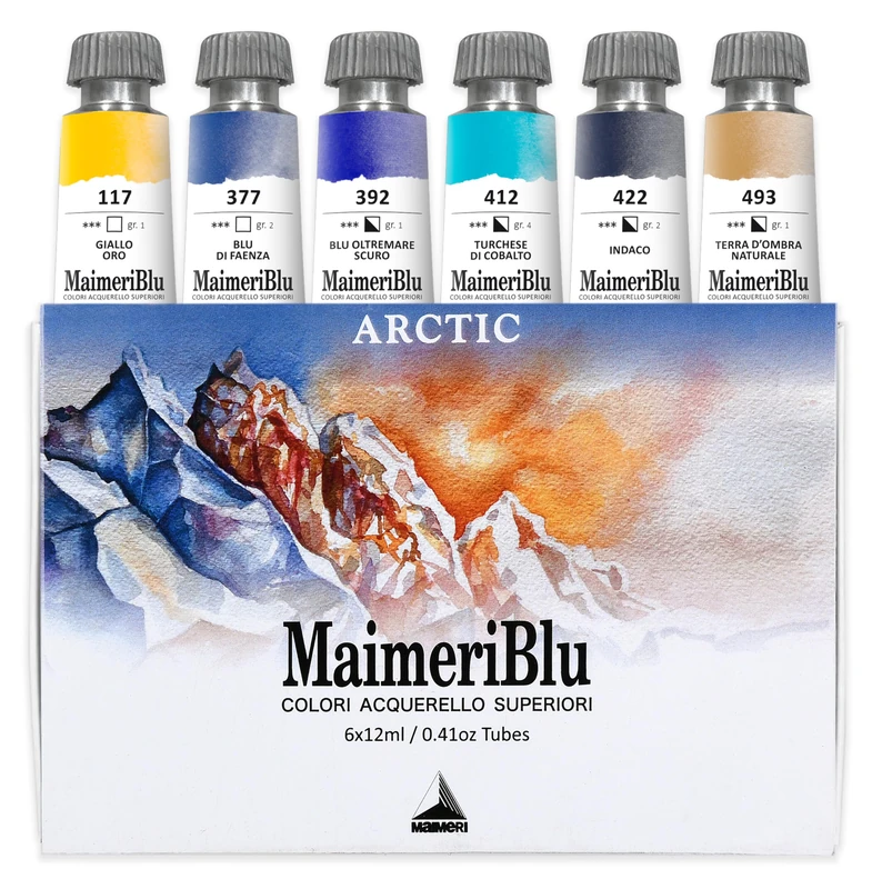 Maimeri BLU Watercolor Fine Arts, Arctic Set, Cardboard Box, Assorted Colours, 6 Units 12 ml, Multicoloured, 12 ml