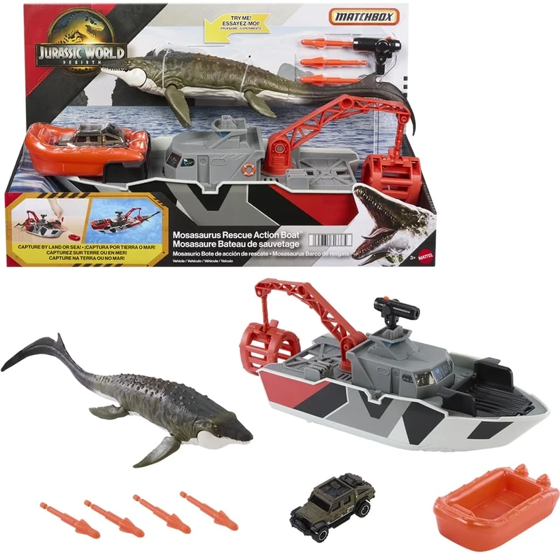Mattel Jurassic World: Rebirth Matchbox Toy Car Playset, Jurassic World 12.5” Dino Boat with 13” Mosasaurus Dinosaur, 1:64 Die-Cast Jeep, Harpoon Missiles & Detachable Rescue Boat, JGG61