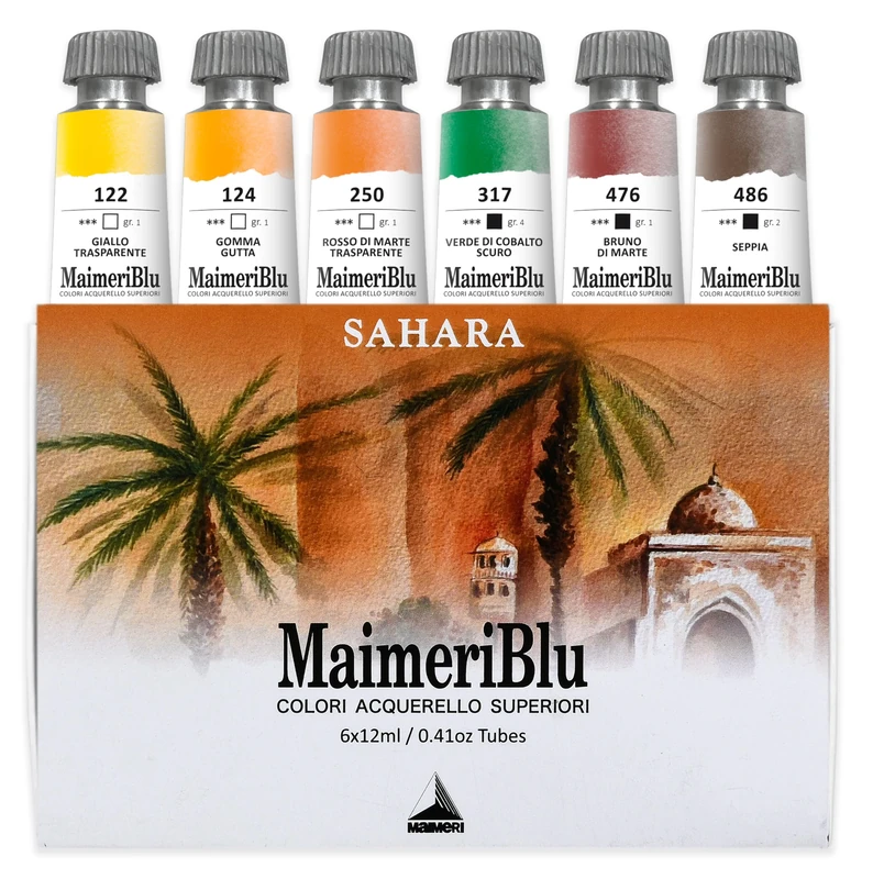 Maimeri BLU, Fine Art Watercolors, Set Sahara, Cardboard Box, Assorted Colours, 6 Units 12 ml, Multicoloured, 12 ml