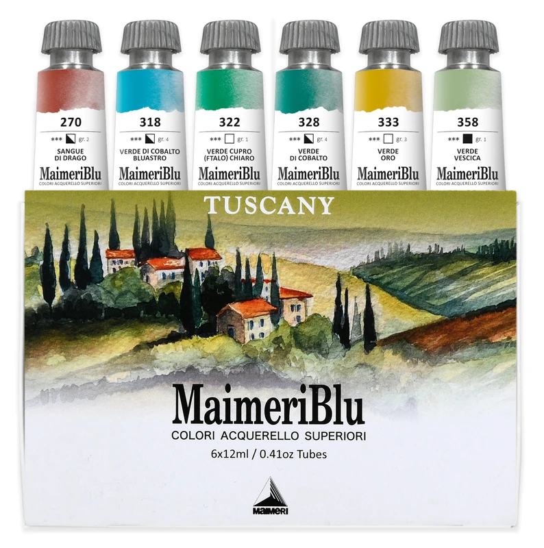 Maimeri BLU, Fine Art Watercolors, Tuscany Set, Cardboard Box, Assorted Colours, 6 Units 12 ml, Multicoloured, 12 ml