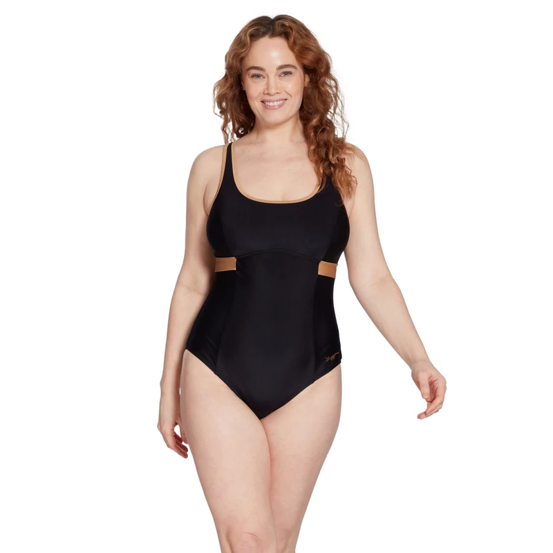 Zoggs Women's Dakota Crossback Eco Fabric One Piece Swimsuit, Swimming Costume Black/Gold