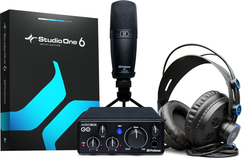 PreSonus AudioBox Go Creator Complete Studio Recording Bundle with USB Audio 96K Interface, Condenser Microphone, Professional Monitoring Headphones, and Studio One Pro DAW Software