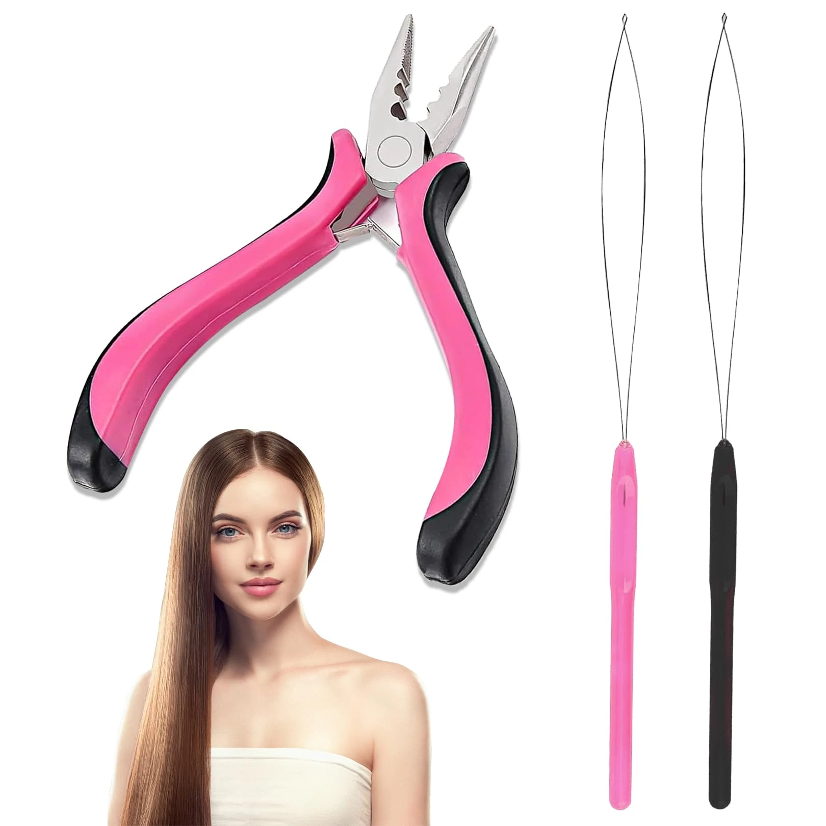 3 Pcs Professional Nano Hair Extension Tools - Kit Includes 1 Plier and 2 Loop Threaders - Mini Hair Extension Tool for Easy Installation and Removal